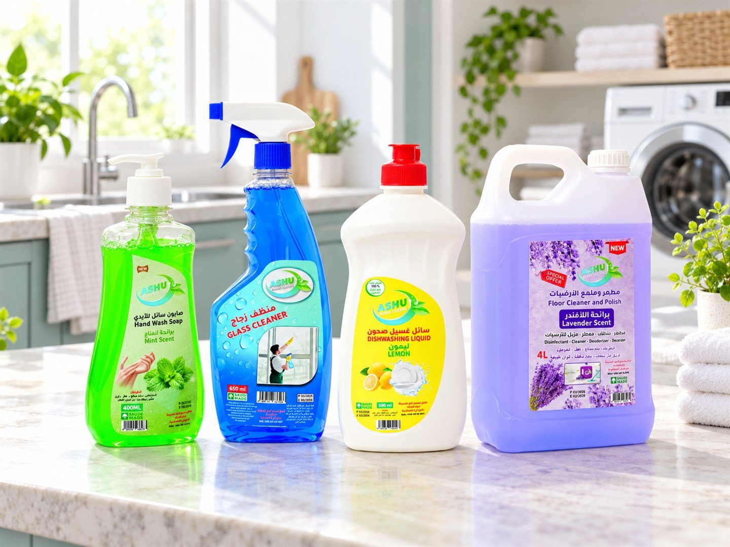 ASHU hand wash, glass cleaner, dishwashing liquid and floor cleaner on a bright kitchen counter at home