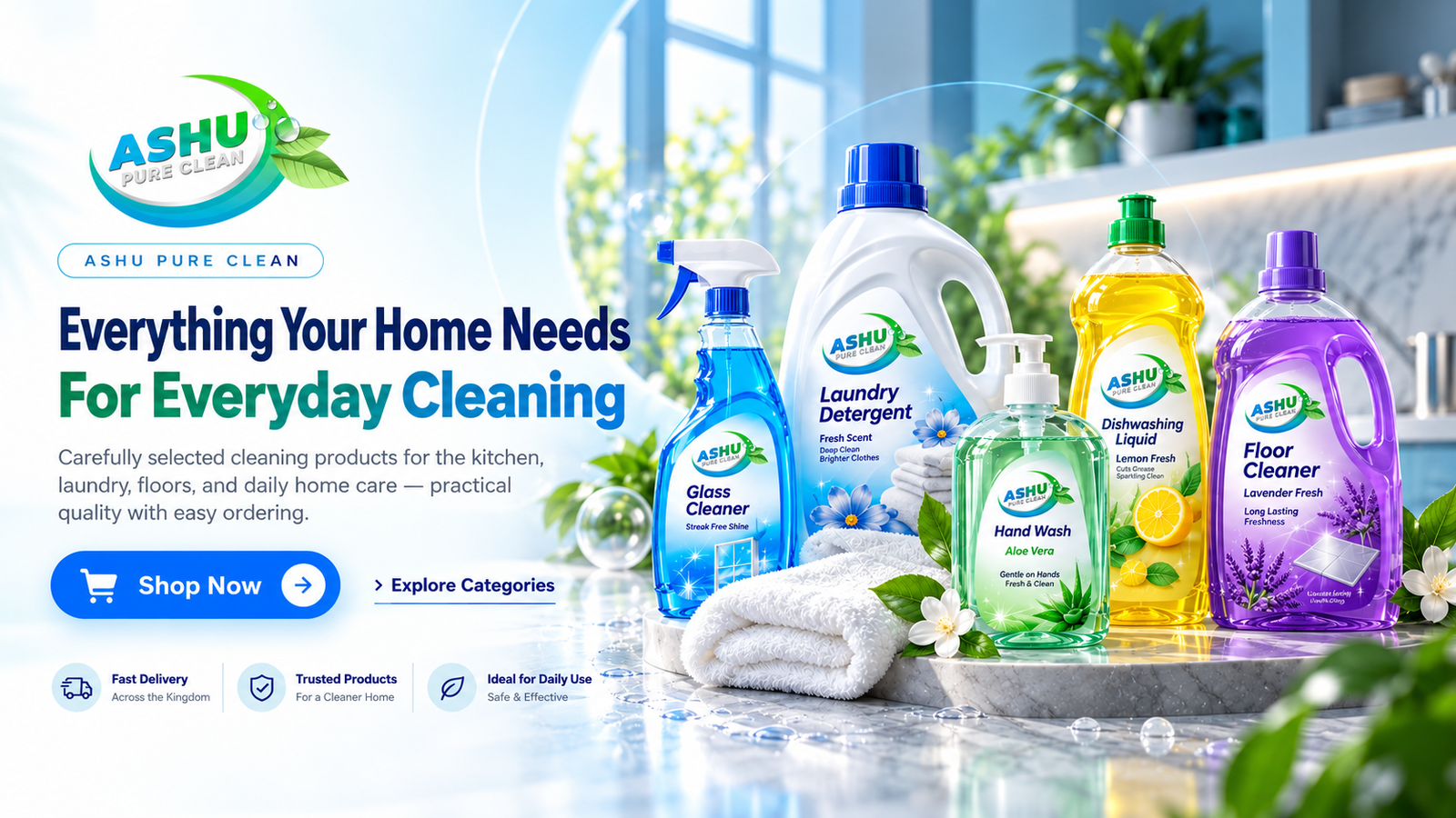 ASHU everyday home cleaning essentials with glass cleaner, laundry detergent, hand wash, dishwashing liquid and floor cleaner