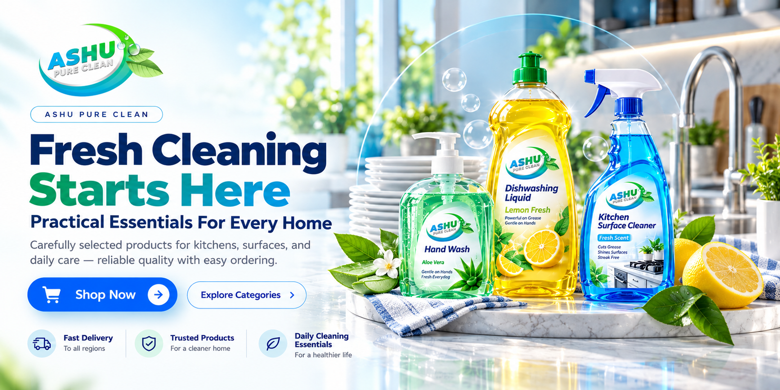 ASHU kitchen cleaning banner with hand wash, dishwashing liquid and surface cleaner
